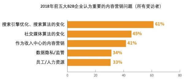 2018年前五大B2B企业认为重要的内容营销问题